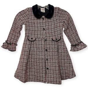 Nannette Kids Red Black Tweed Button Christmas Dress Coat w/ Velvet Collar Sz 5